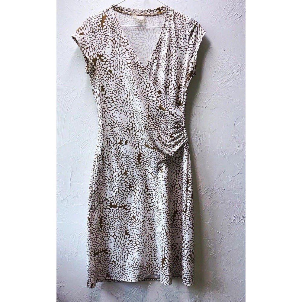 Athleta Brown White Floral V-Neck Ruched Knit Sheath Dress Women’s S